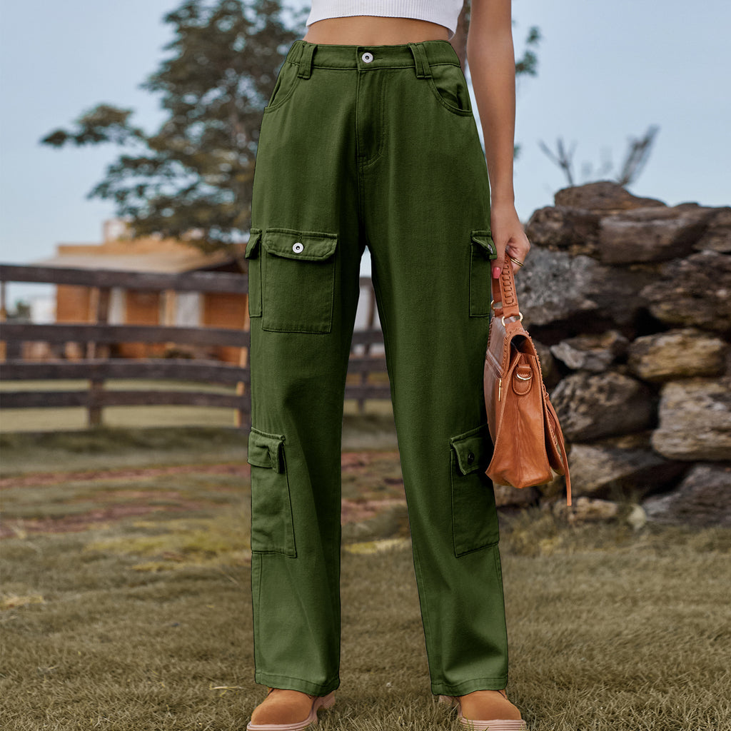 Flap Pocket Relaxed Fit Cargo Jeans - Green - 1