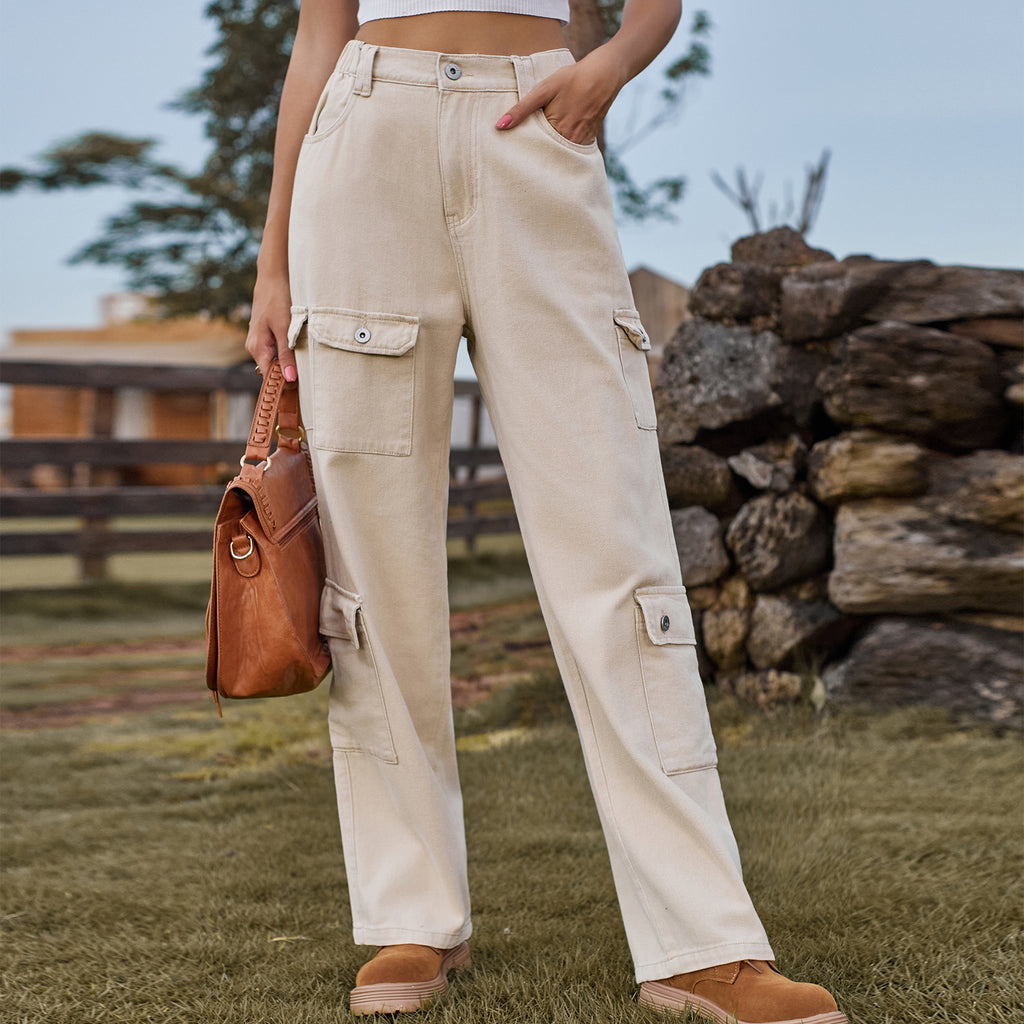 Flap Pocket Relaxed Fit Cargo Jeans - Khaki