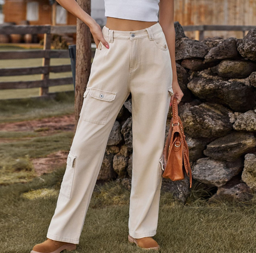 Flap Pocket Relaxed Fit Cargo Jeans - Khaki - 1
