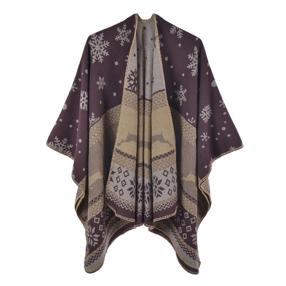 Reversible Nordic Snowflake Ruana Wrap - brown