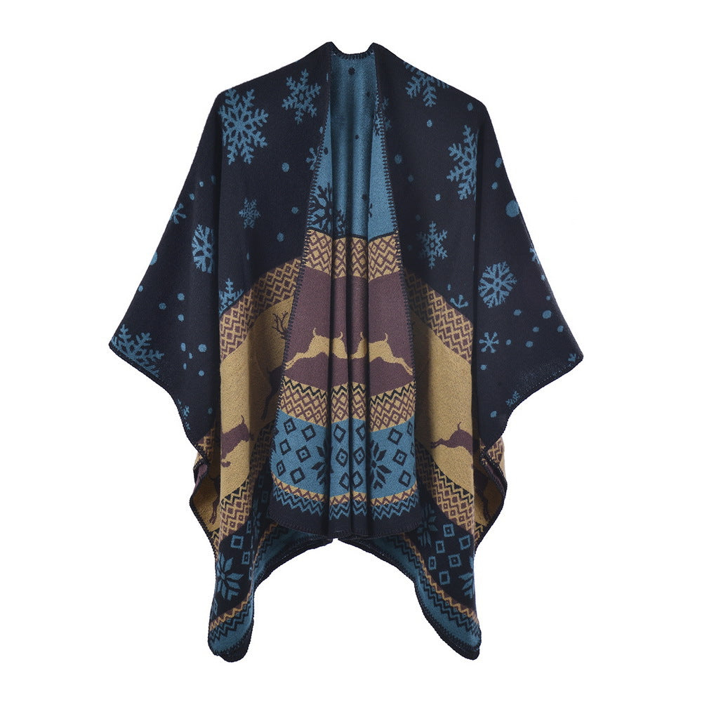 Reversible Nordic Snowflake Ruana Wrap - navy