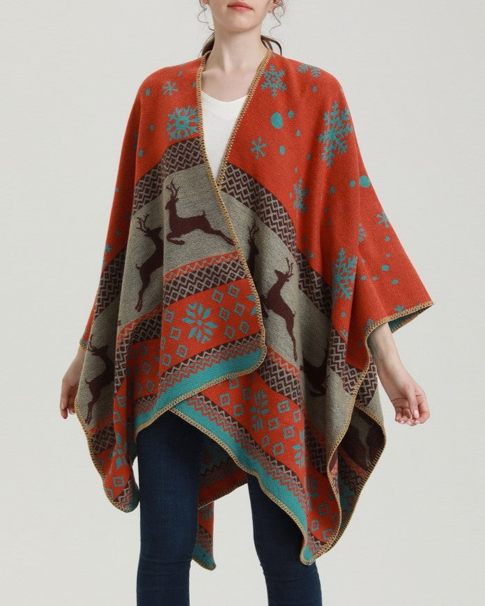 Reversible Nordic Snowflake Ruana Wrap - orange