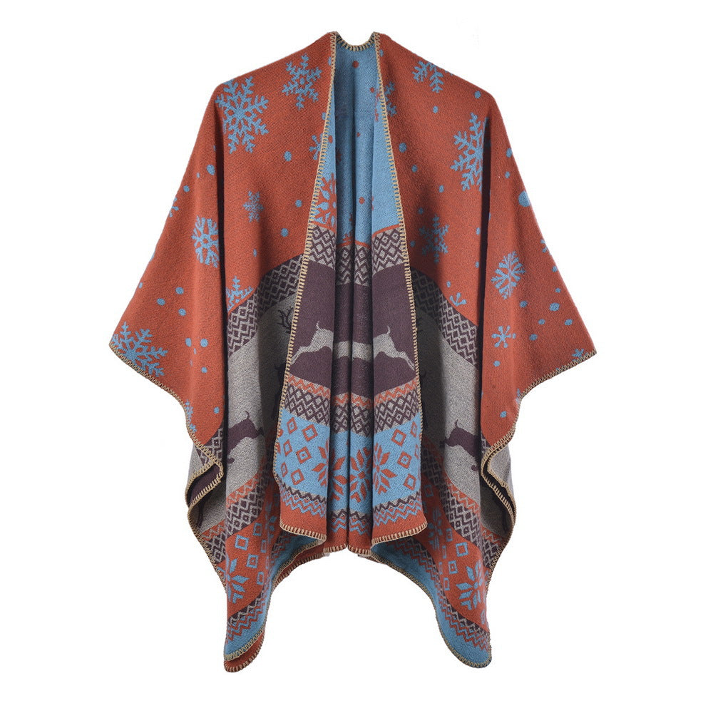 Reversible Nordic Snowflake Ruana Wrap - orange - 1