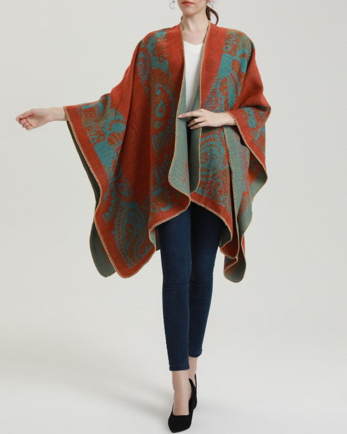 Reversible Nordic Snowflake Ruana Wrap - orange - 10