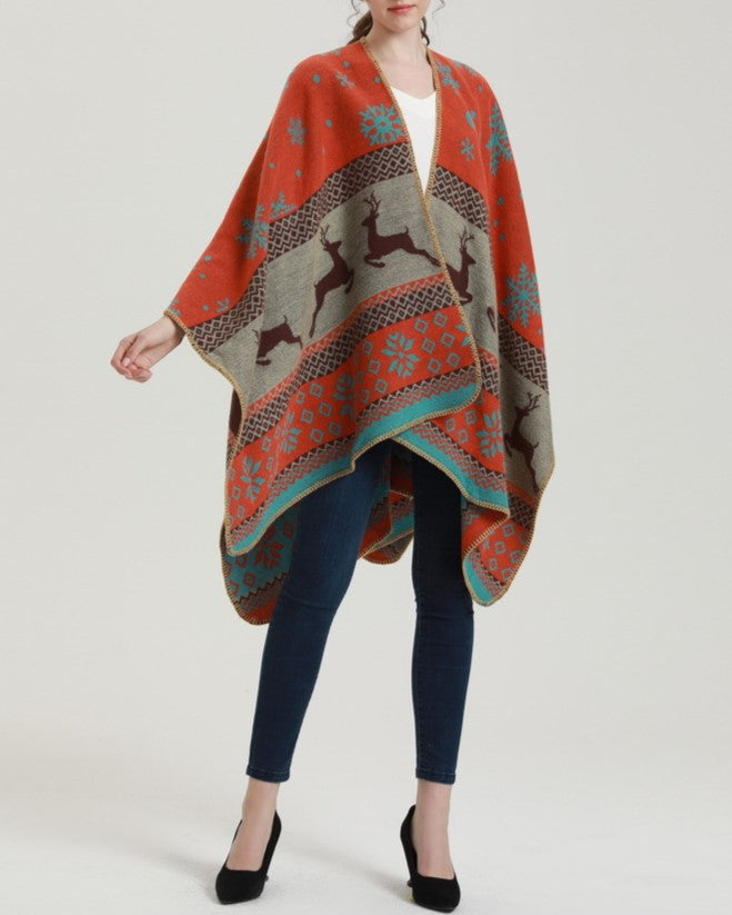 Reversible Nordic Snowflake Ruana Wrap - orange - 11