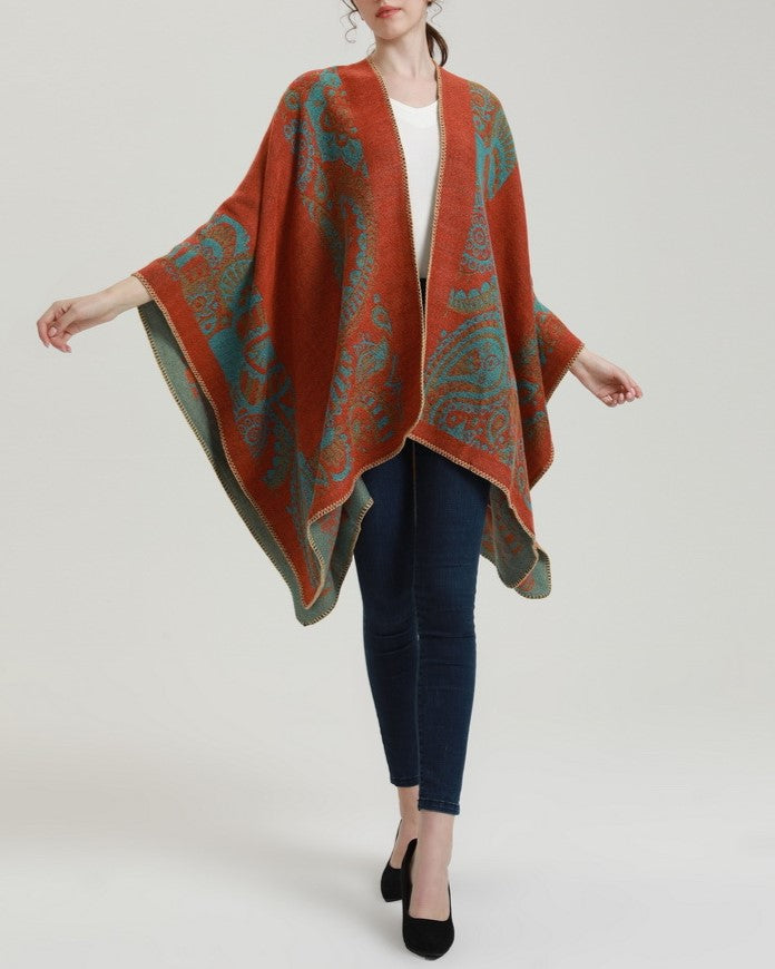 Reversible Nordic Snowflake Ruana Wrap - orange - 12