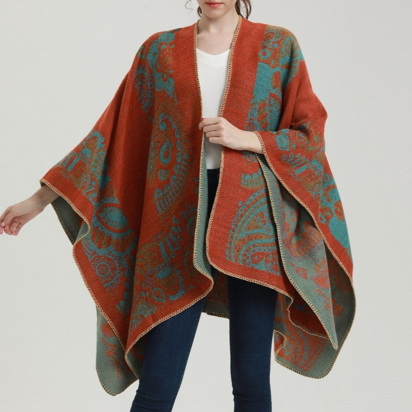 Reversible Nordic Snowflake Ruana Wrap - orange - 13