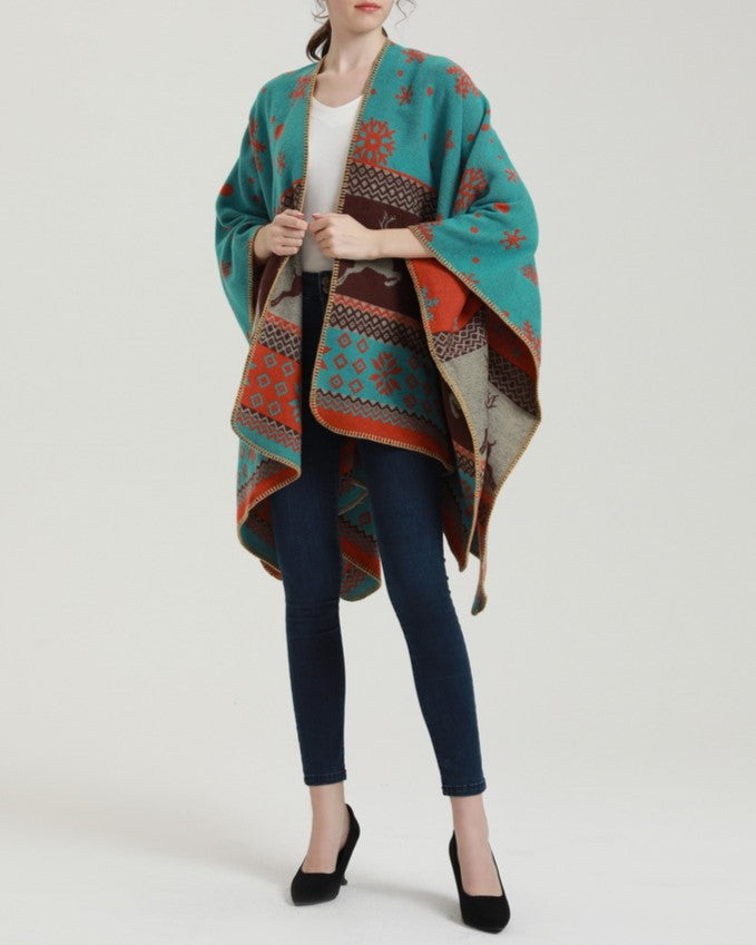Reversible Nordic Snowflake Ruana Wrap - orange - 14