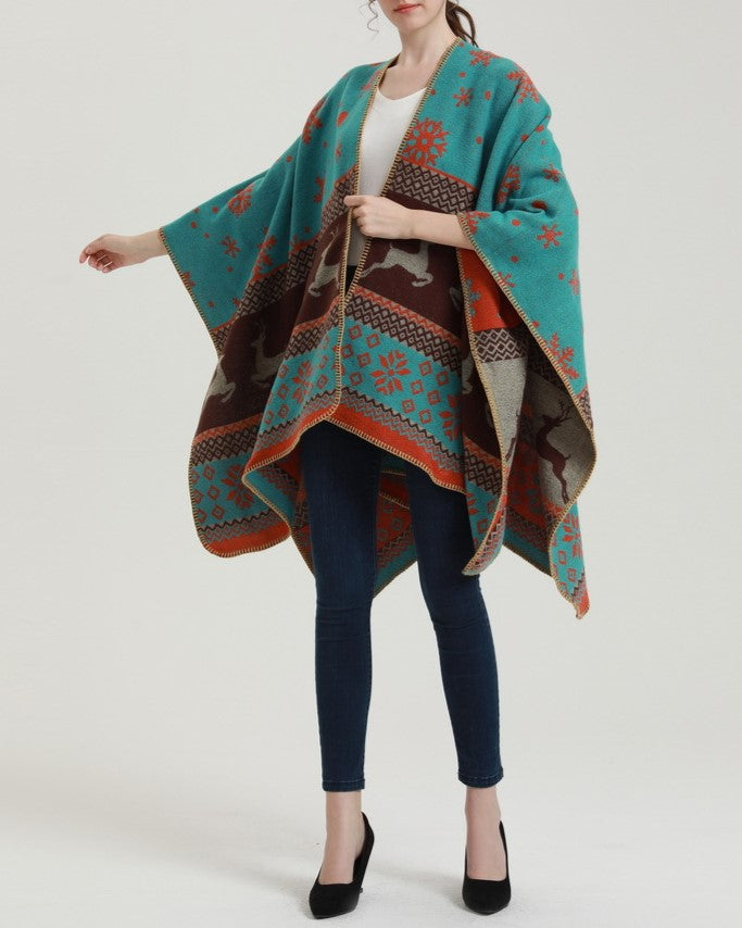 Reversible Nordic Snowflake Ruana Wrap - orange - 15