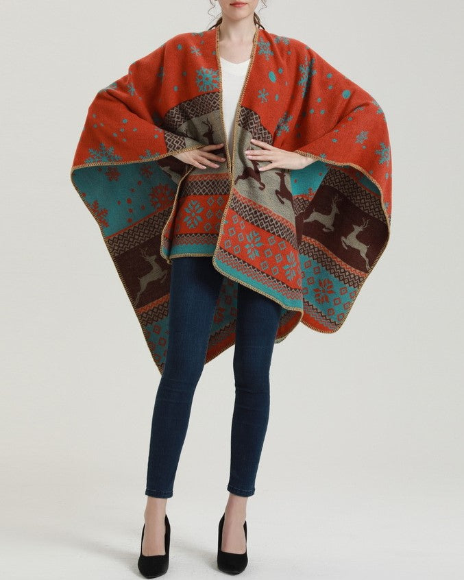 Reversible Nordic Snowflake Ruana Wrap - orange - 2