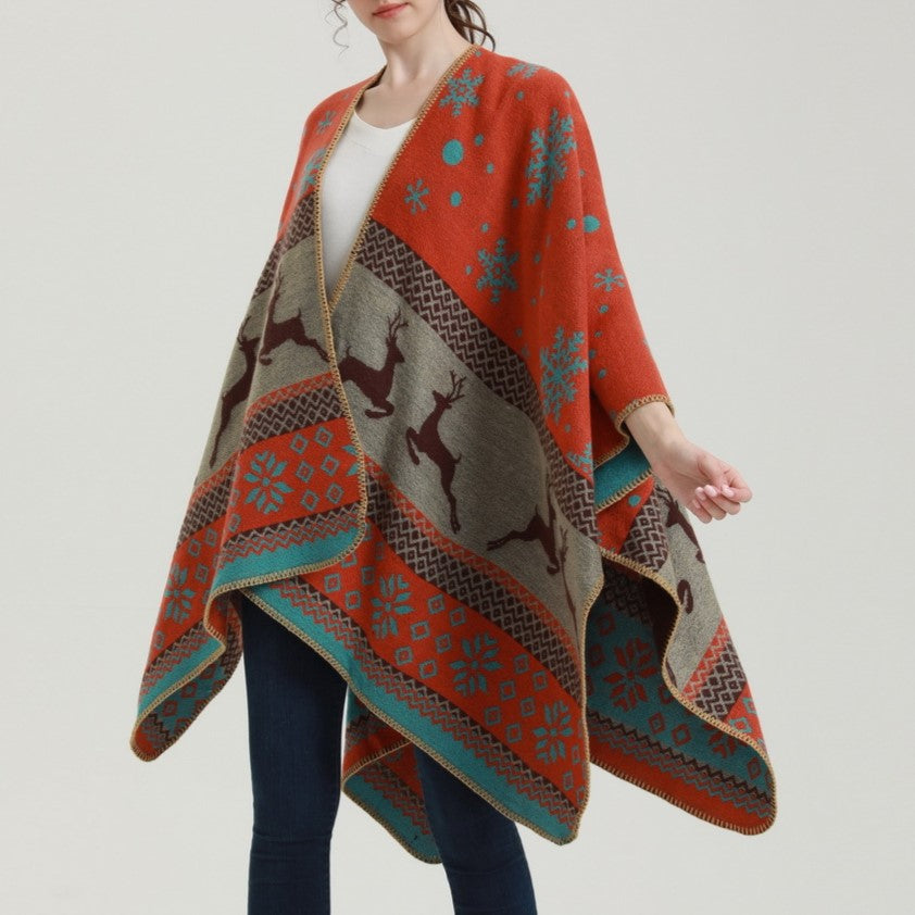 Reversible Nordic Snowflake Ruana Wrap - orange - 3