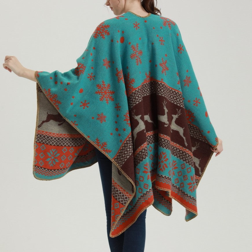 Reversible Nordic Snowflake Ruana Wrap - orange - 4