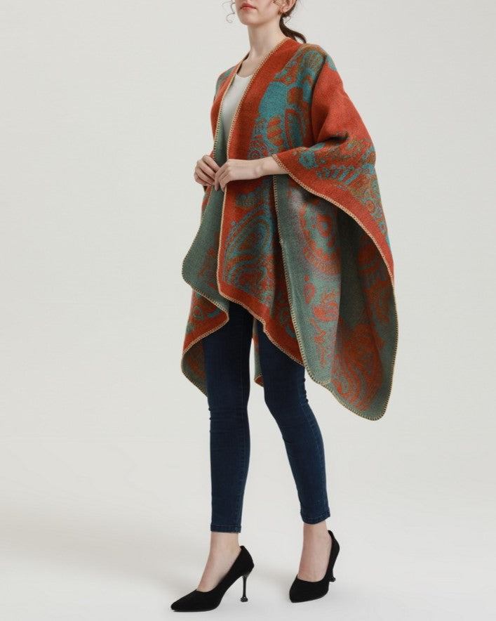 Reversible Nordic Snowflake Ruana Wrap - orange - 5