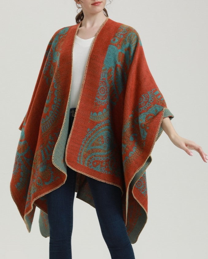 Reversible Nordic Snowflake Ruana Wrap - orange - 6