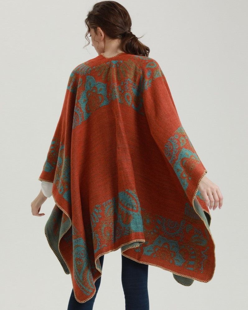 Reversible Nordic Snowflake Ruana Wrap - orange - 7