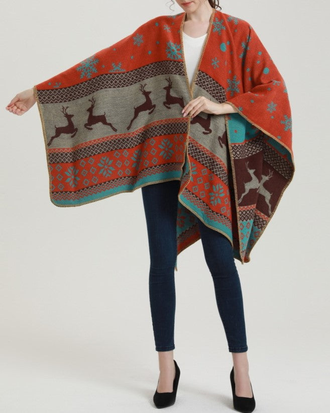 Reversible Nordic Snowflake Ruana Wrap - orange - 8