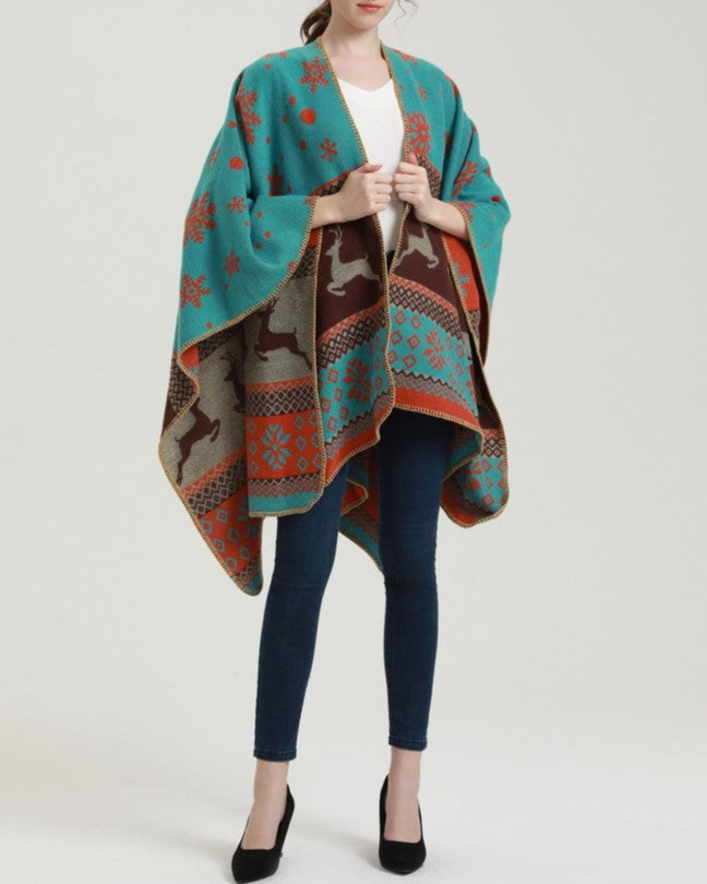 Reversible Nordic Snowflake Ruana Wrap - orange - 9