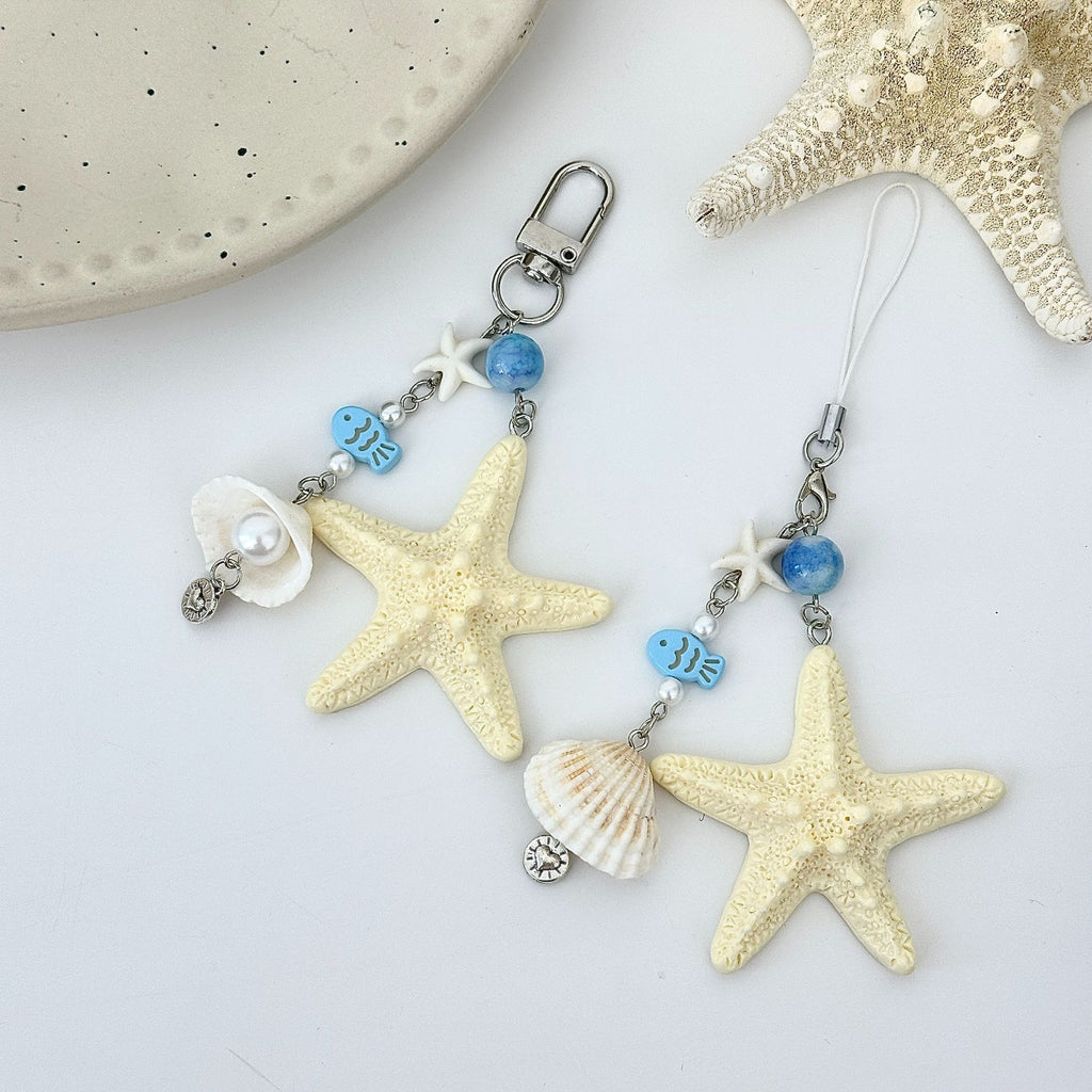 Starfish Shell Beaded Phone Strap Keychain - Darkblue-1 - 1
