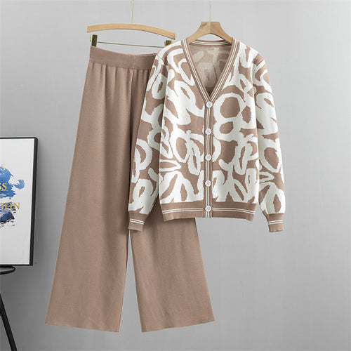 Abstract Jacquard Cardigan And Wide Leg Pant Set - Khaki