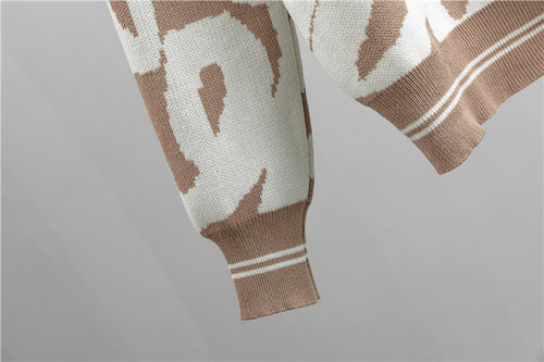 Abstract Jacquard Cardigan And Wide Leg Pant Set - Khaki - 1