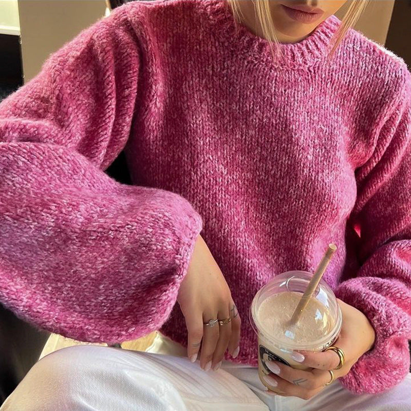 Open Back Tie Balloon Sleeve Knit Top - Pink