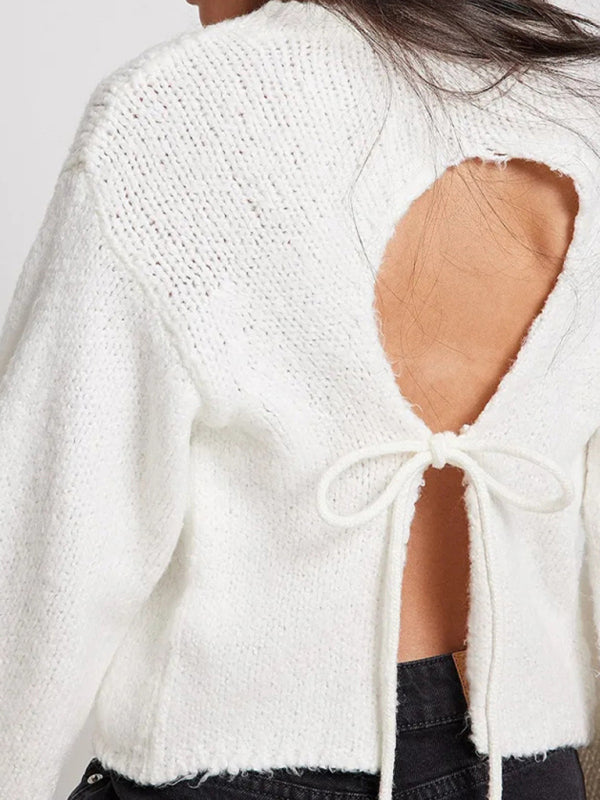 Open Back Tie Balloon Sleeve Knit Top - white
