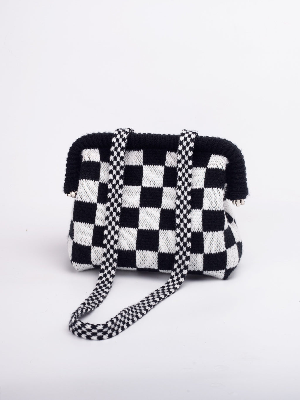Knit Frame Clutch with Woven Crossbody Strap - Black Checker