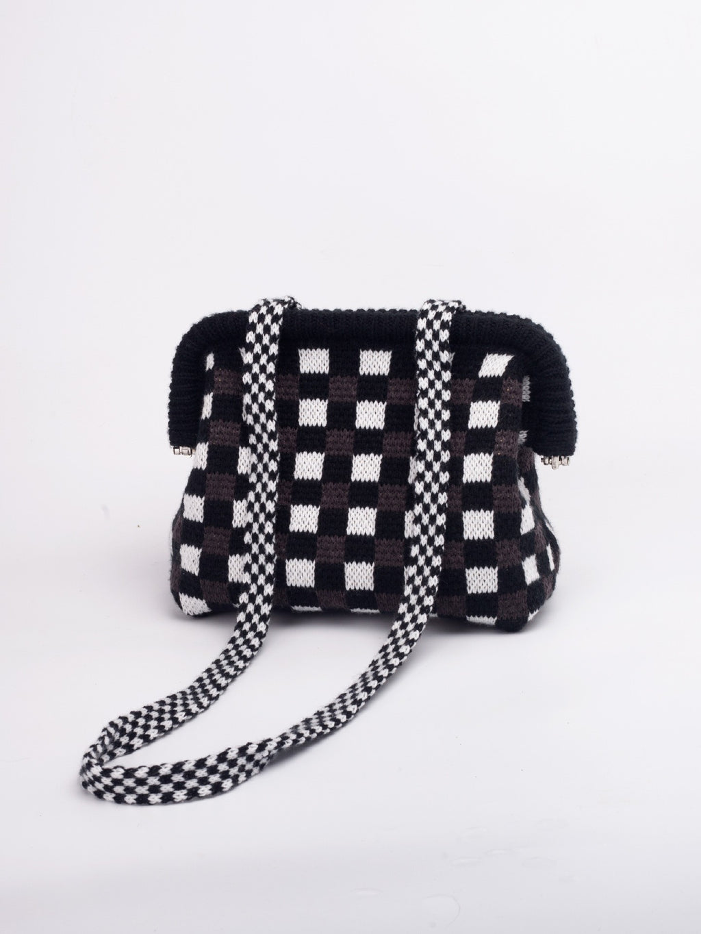 Knit Frame Clutch with Woven Crossbody Strap - Black Gingham