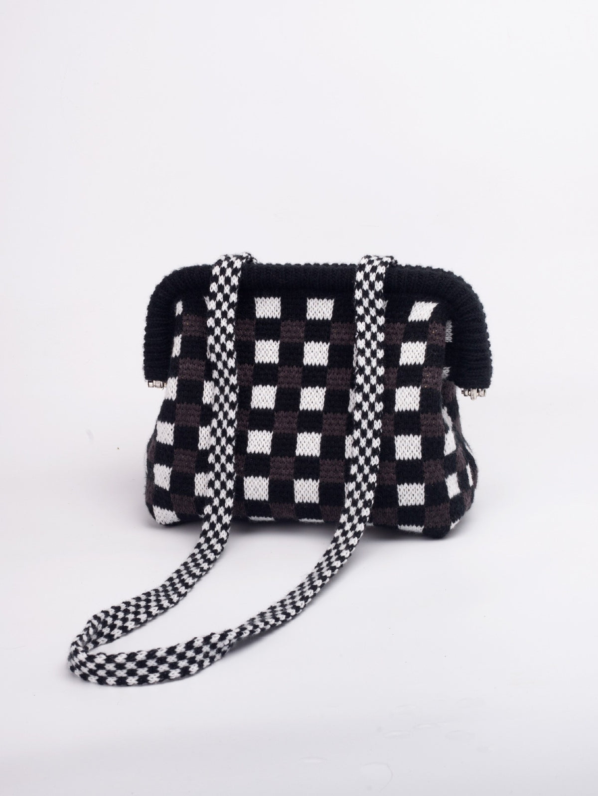 Knit Frame Clutch with Woven Crossbody Strap - Black Gingham