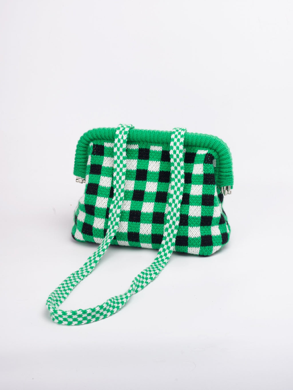 Knit Frame Clutch with Woven Crossbody Strap - Green Gingham