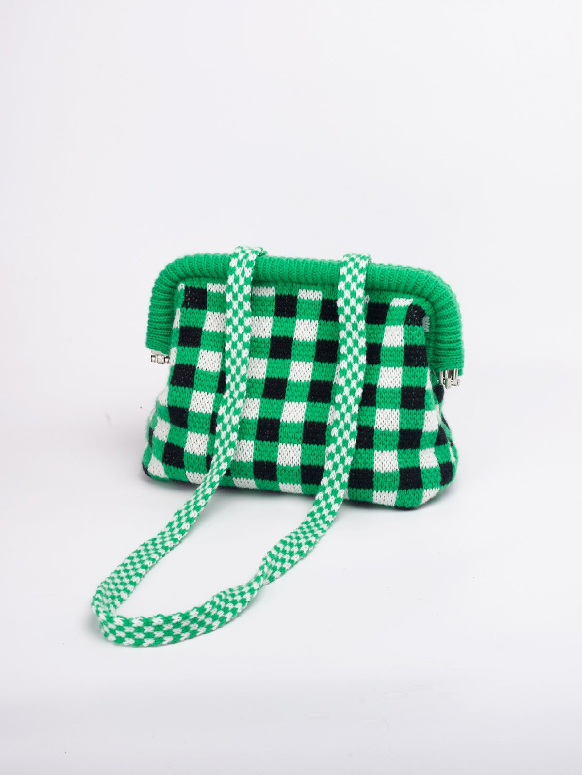 Knit Frame Clutch with Woven Crossbody Strap - Green Gingham