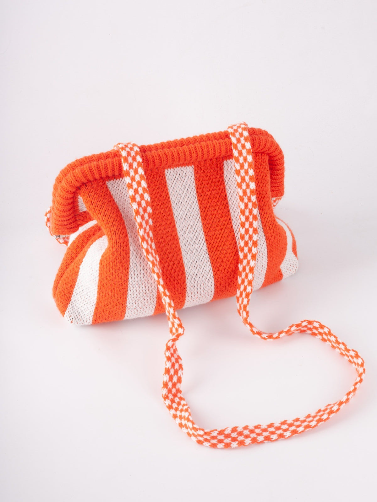 Knit Frame Clutch with Woven Crossbody Strap - Orange Stripe