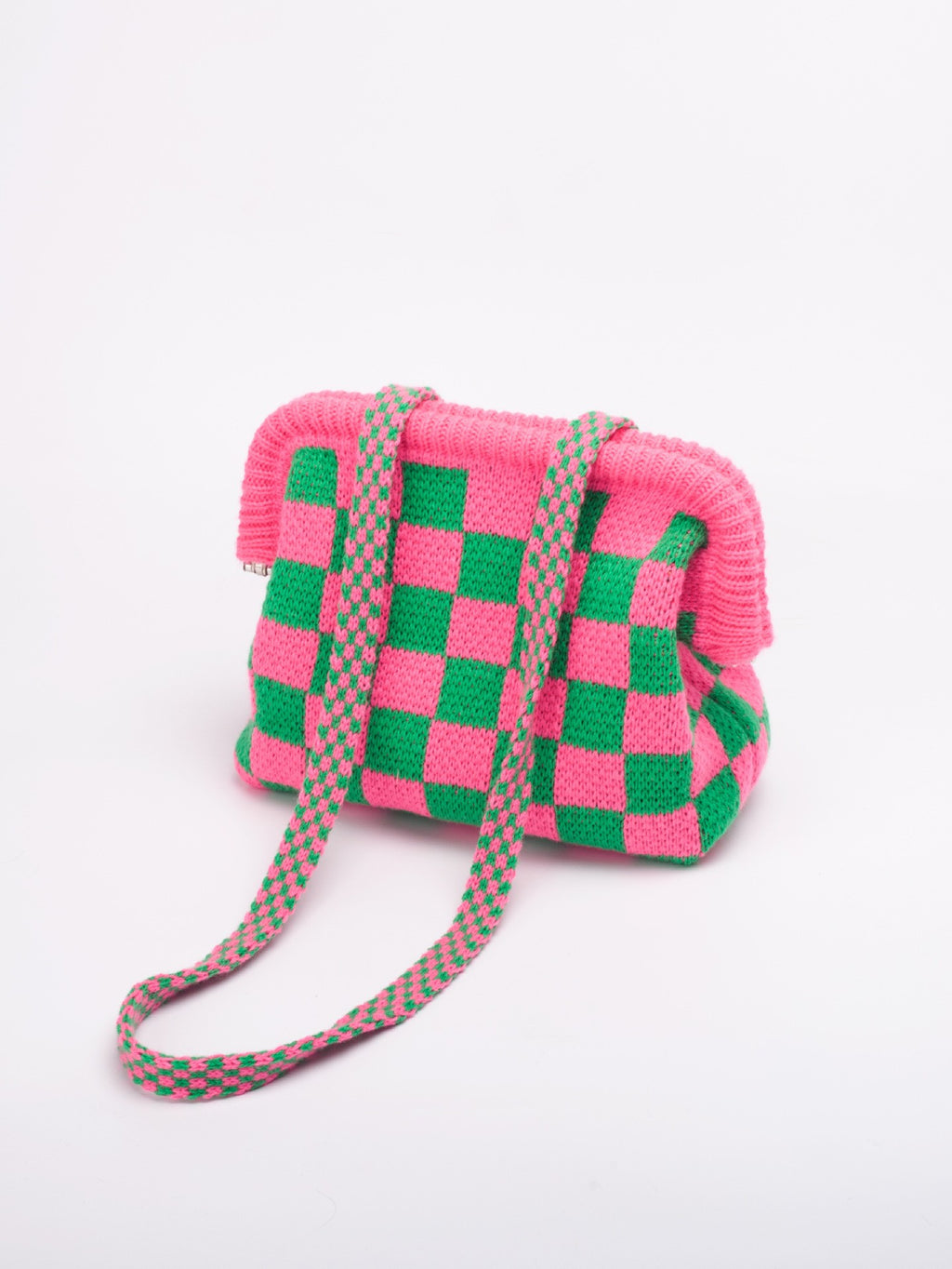 Knit Frame Clutch with Woven Crossbody Strap - Pink Checker