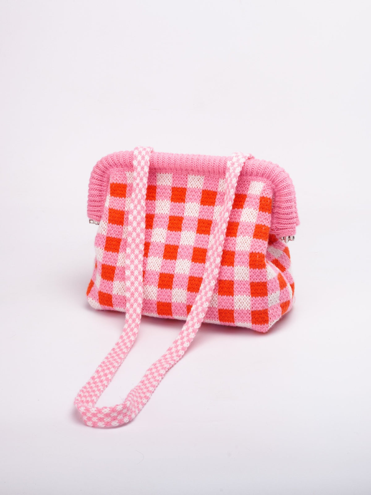 Knit Frame Clutch with Woven Crossbody Strap - Pink Gingham