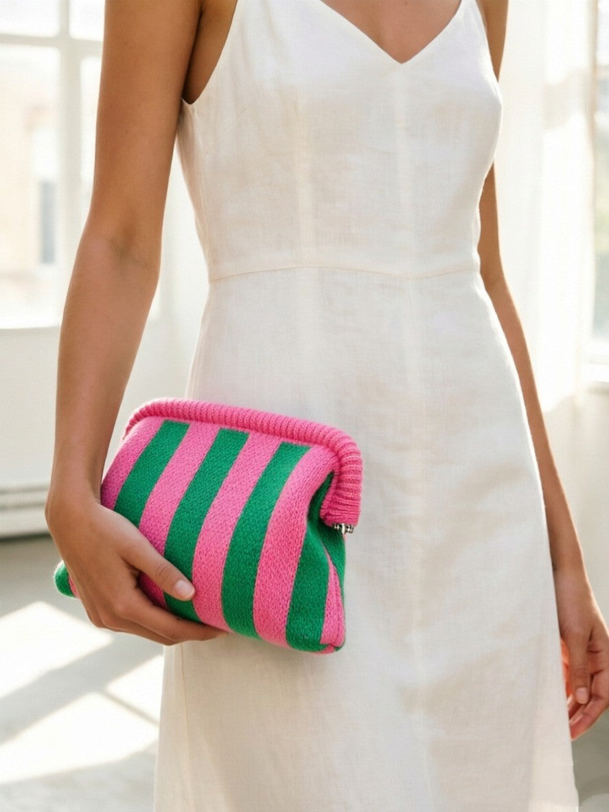 Knit Frame Clutch with Woven Crossbody Strap - Pink Stripe
