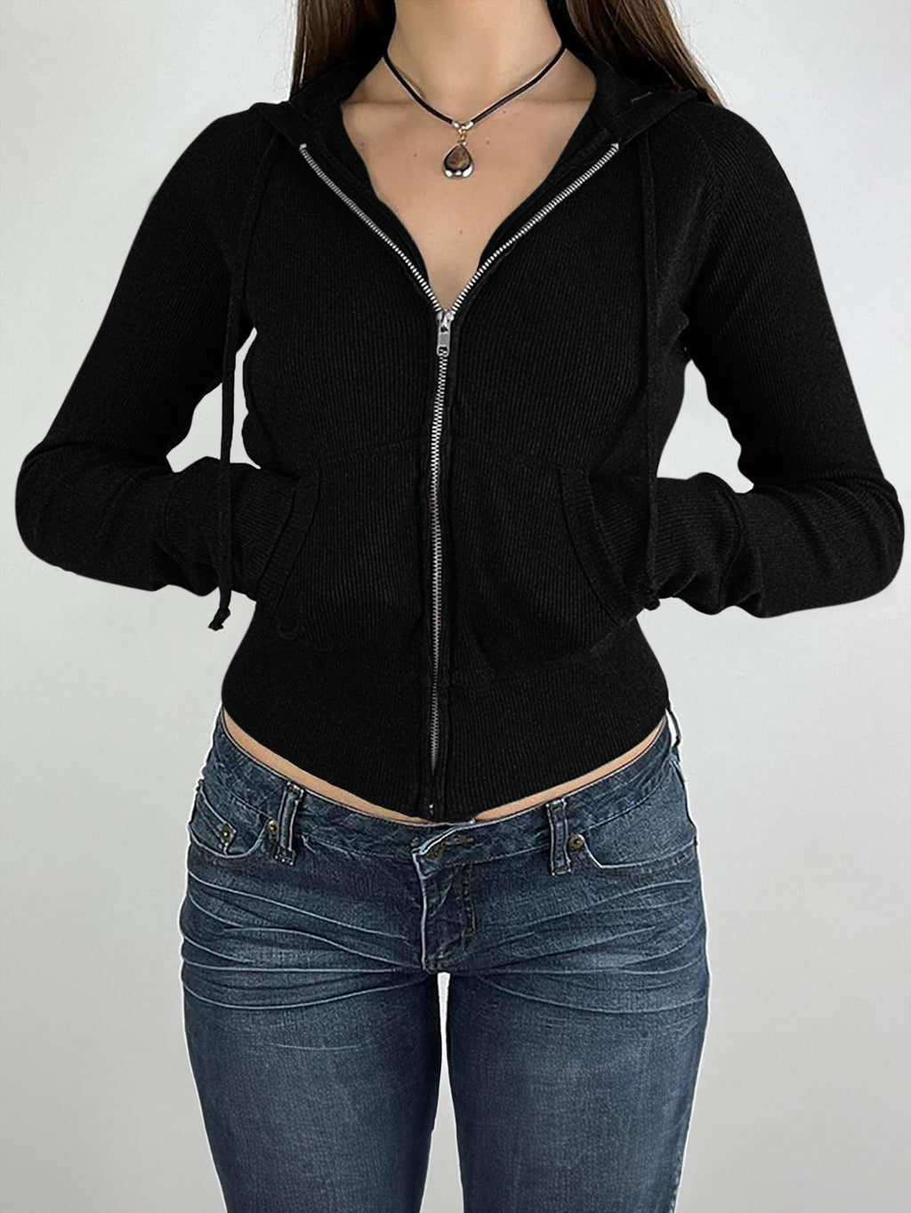 Slim Ribbed Zip Hooded Cardigan - Black