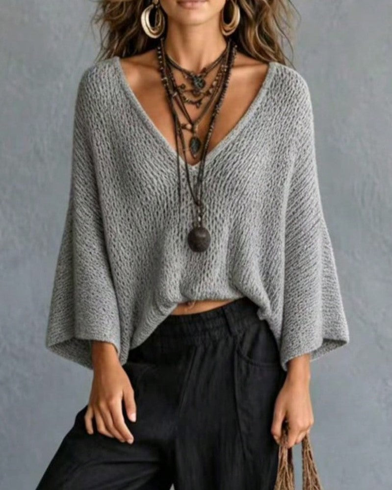 V-Neck Open Knit Dolman Sleeve Pullover Top - Grey