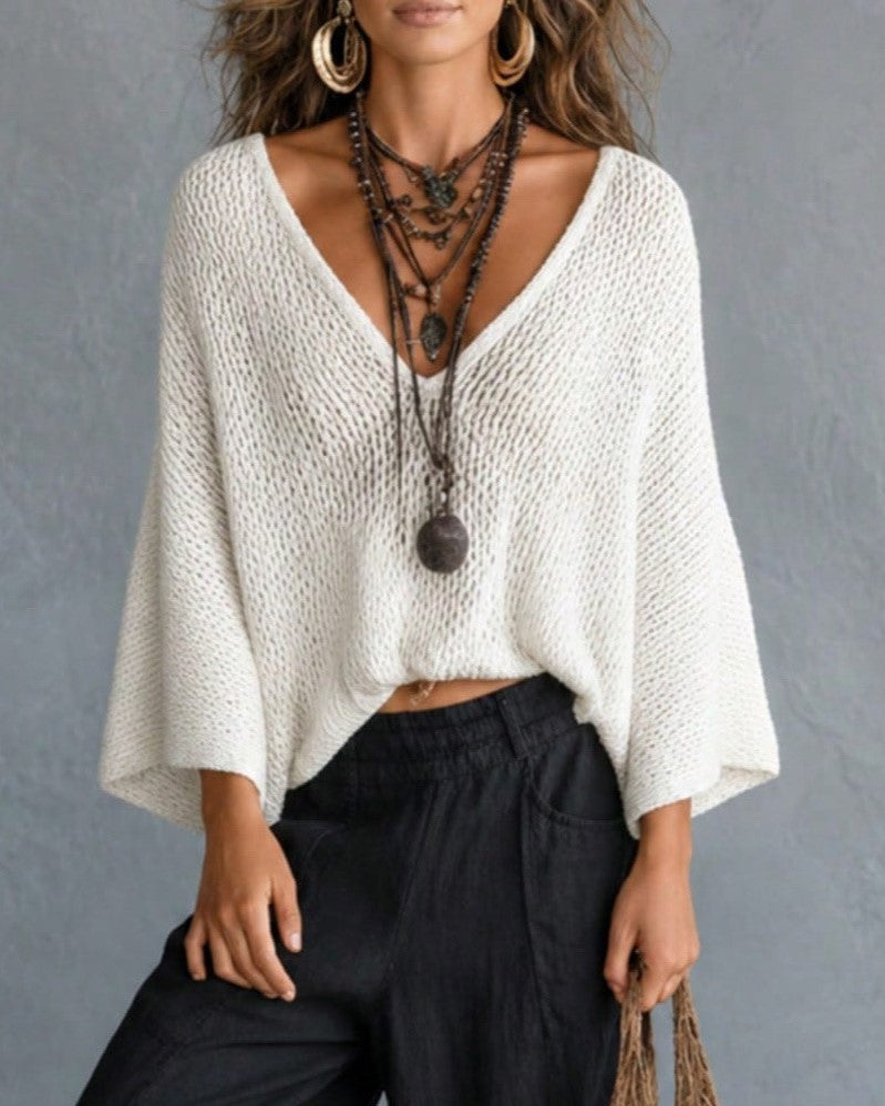 V-Neck Open Knit Dolman Sleeve Pullover Top - White