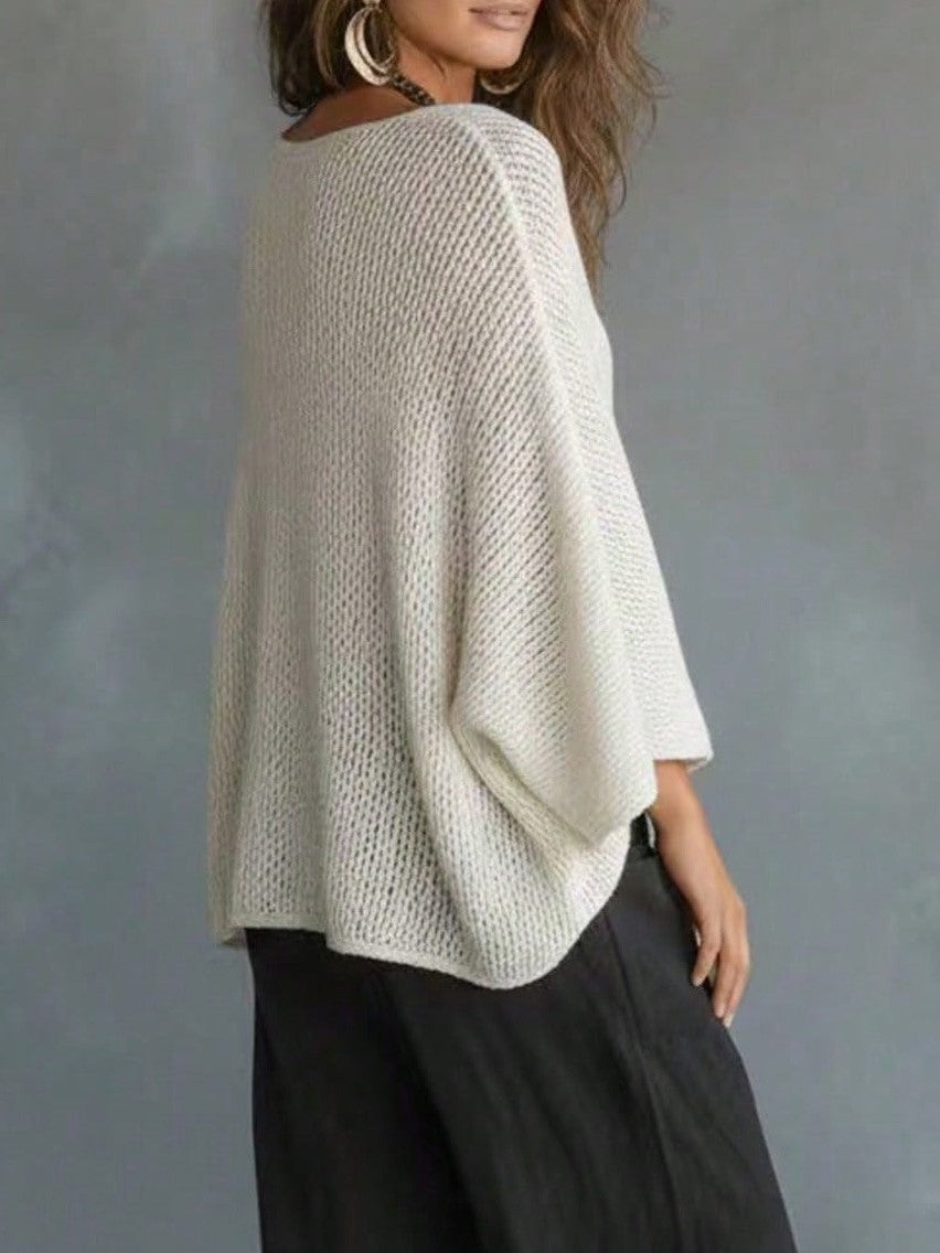 V-Neck Open Knit Dolman Sleeve Pullover Top - White - 1