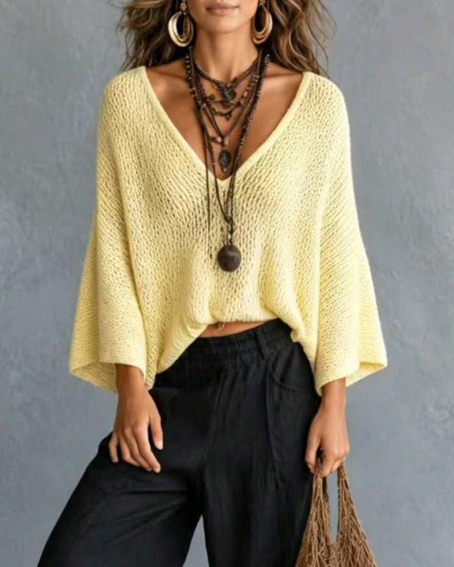 V-Neck Open Knit Dolman Sleeve Pullover Top - Yellow