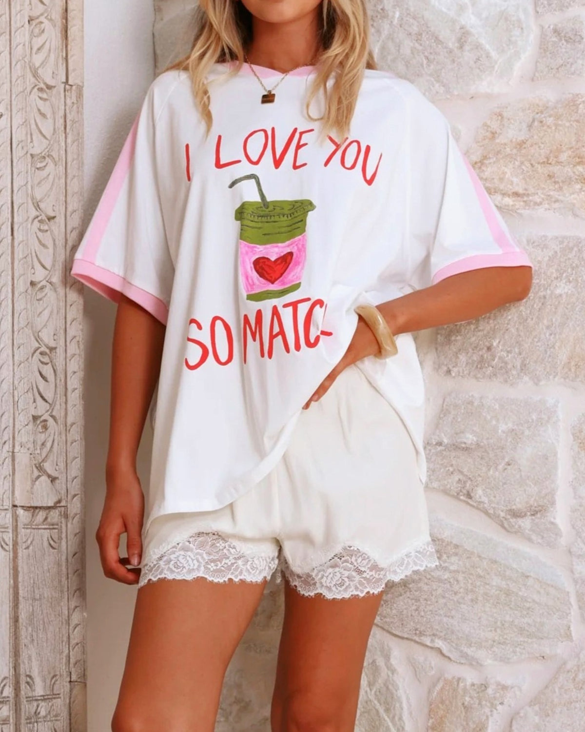 Matcha Graphic Oversized Ringer Tee - White