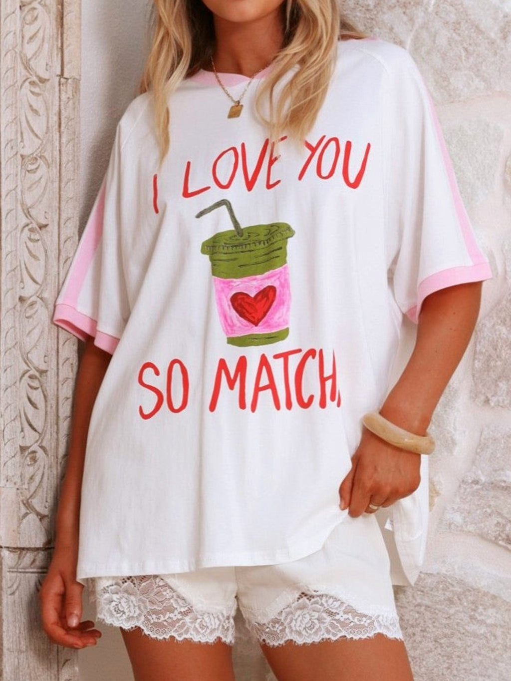 Matcha Graphic Oversized Ringer Tee - White - 1