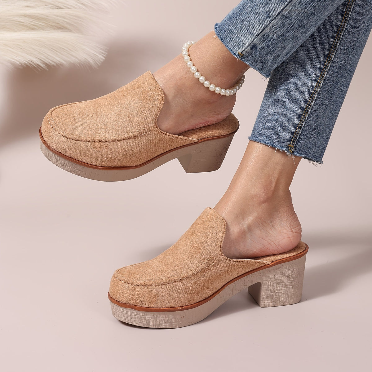 Suede-Look Platform Clog Mules with Block Heel