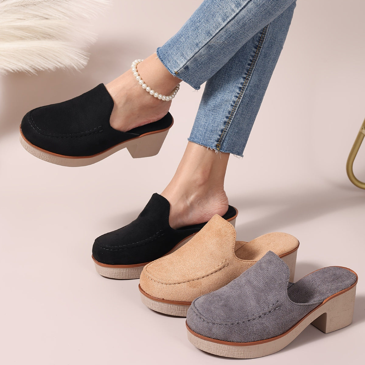 Suede-Look Platform Clog Mules with Block Heel