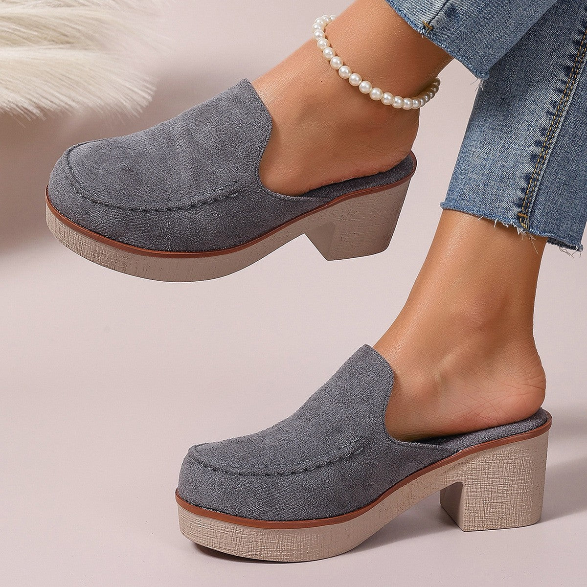 Suede-Look Platform Clog Mules with Block Heel