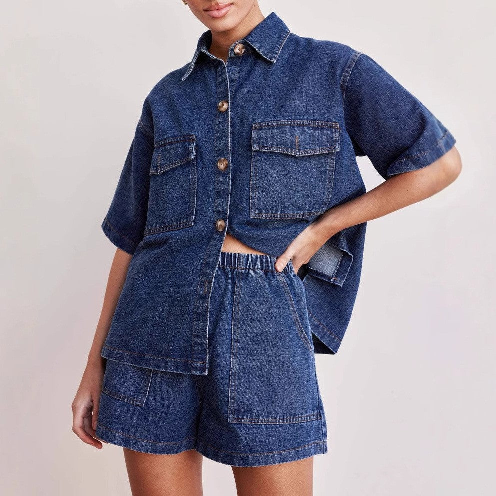 Boxy Denim Shirt and Shorts Set - Set