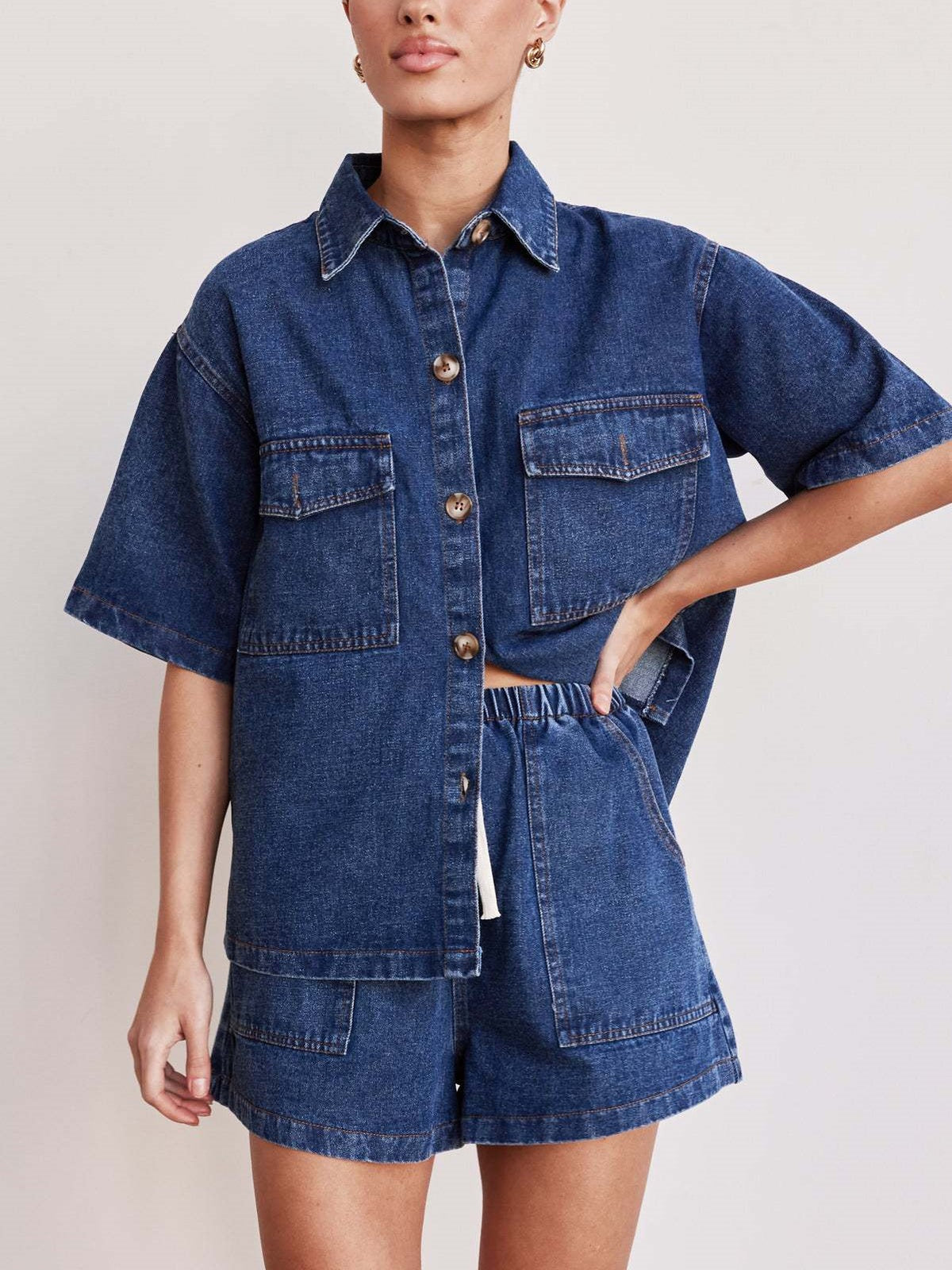 Boxy Denim Shirt and Shorts Set - Set - 1