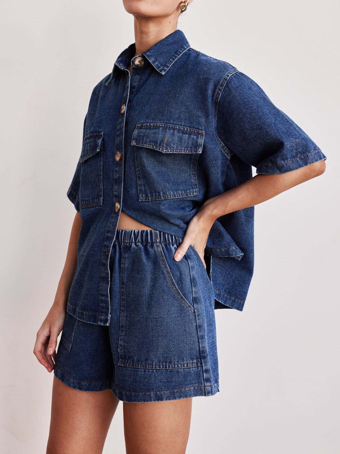Boxy Denim Shirt and Shorts Set - Set - 2