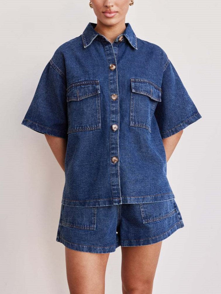 Boxy Denim Shirt and Shorts Set - Set - 4