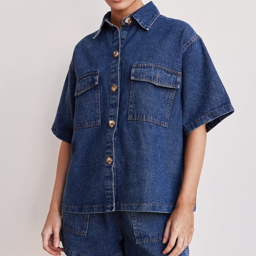 Boxy Denim Shirt and Shorts Set - Shirt